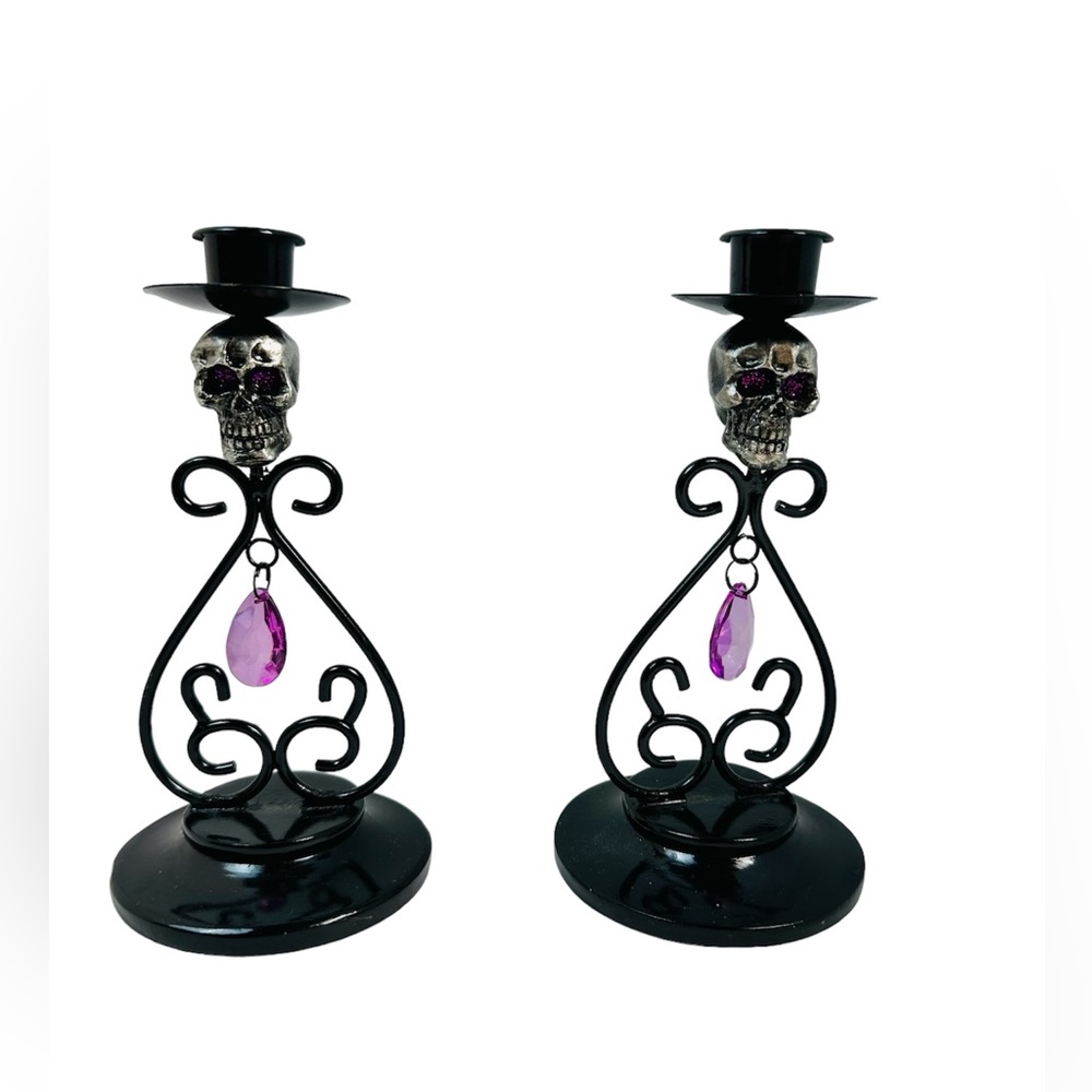 Gothic Halloween black metal candle holders set of2